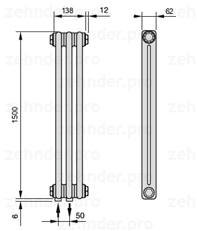 Схема (чертеж) Радиатор Zehnder Charleston 2150/3 №3470 Белый глянцевый RAL 9016